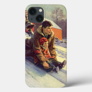 iPhone 13 Case Noël vintage, père et fille faisant de la luge