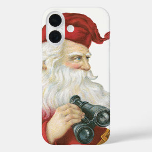Coques iPhone 16 Noël vintage, Père Noël avec jumelles