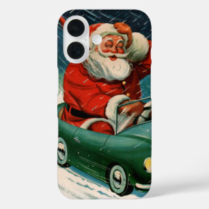 Coques iPhone 16 Noël vintage, Père Noël dans une voiture mignonne
