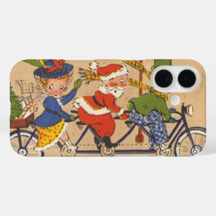 Coques iPhone 16 Noël vintage, Père Noël victorien à vélo