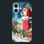Coques iPhone 16 Noël Vintage Père Noël victorien sur Chimney<br><div class="desc">Illustration vintage Design de Noël avec un Père Noël victorien sur un toit sur le point de descendre la cheminée. Le renne et le traîneau attendent sur le toit. Une belle église est dans l'arrière - plan avec les étoiles et la lune dans le ciel bleu nuit.</div>