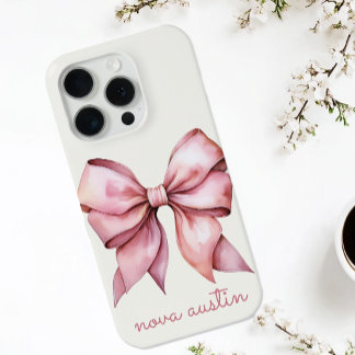 Coque iPhone 15 Pro Nœud Rose Tendance Personnalisé Avec Nom Monogramm