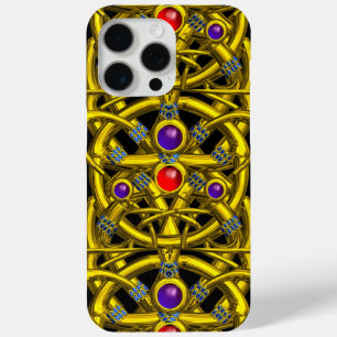 COQUE iPhone 15 PRO MAX NOEUDS CELTIQUES D'OR ABSTRAITS AVEC PIERRES COLOR