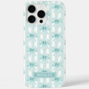 Coques iPhone 16 Pro Max Nœuds Coquette Aqua sur des Rayures Monogrammées