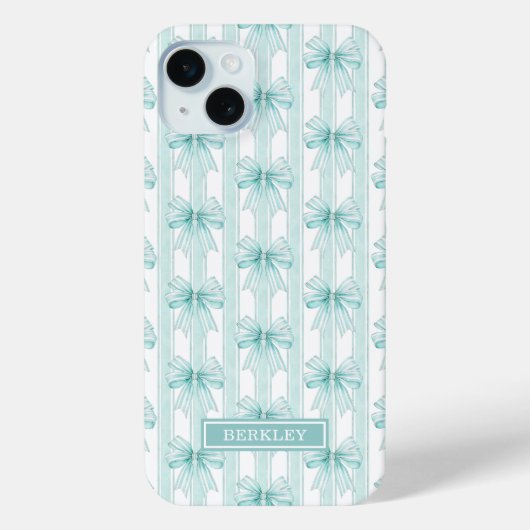 Coques Case-Mate iPhone Nœuds Coquette Aqua sur Rayures Monogrammées (Verso)