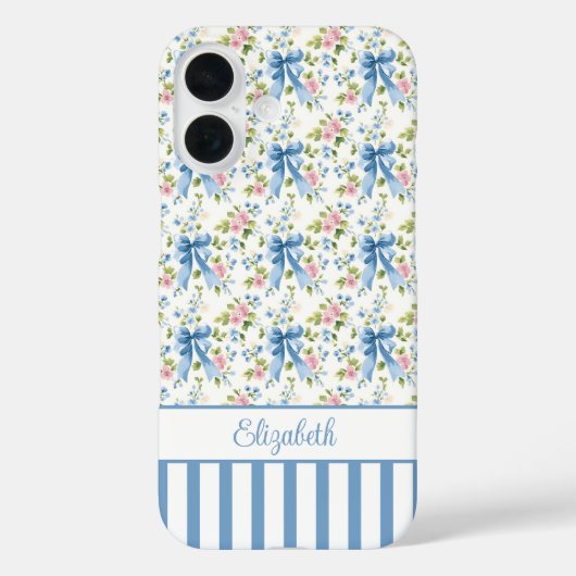 Coques Case-Mate iPhone Nœuds Coquette Bleus Avec Fleurs Monogrammées  (Verso)