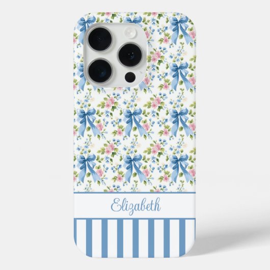 Coques Case-Mate iPhone Nœuds Coquette Bleus Avec Fleurs Monogrammées (Verso)
