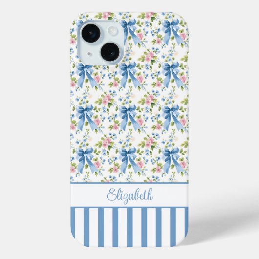 Coques Case-Mate iPhone Nœuds Coquette Bleus Avec Fleurs Monogrammées  (Verso)