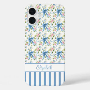 Coques iPhone 16 Plus Nœuds Coquette Bleus Avec Monogramme Fleurs