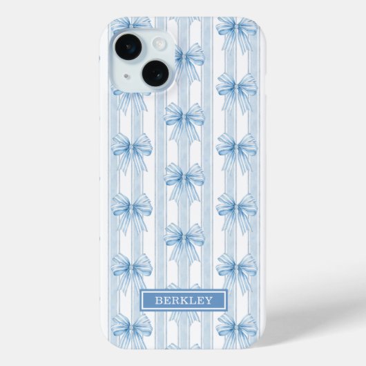 Coques Case-Mate iPhone Nœuds Coquette Bleus sur Monogramme à Rayures (Verso)