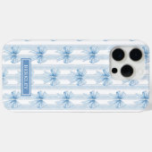 Coques Case-Mate iPhone Nœuds Coquette Bleus sur Monogramme à Rayures (Verso (horizontal))