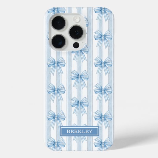 Coques Case-Mate iPhone Nœuds Coquette Bleus sur Monogramme à Rayures (Verso)