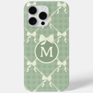 Coque iPhone 15 Pro Max Nœuds Coquette Gingham Monogramme Crème Vert Sauge