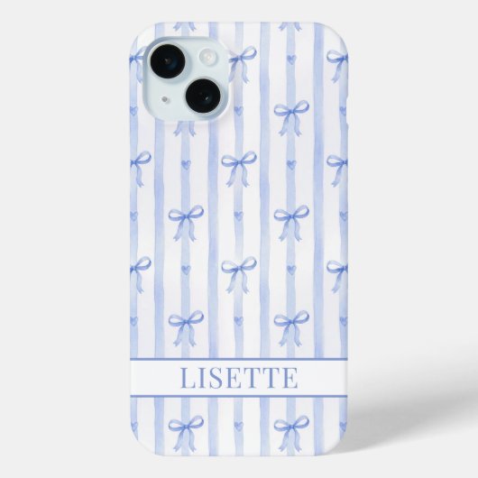 Coques Case-Mate iPhone Nœuds Coquette Rayés Bleu Élégants Monogrammés (Verso)