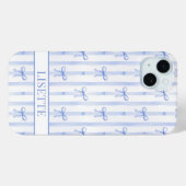 Coques Case-Mate iPhone Nœuds Coquette Rayés Bleu Élégants Monogrammés (Verso (horizontal))