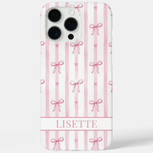 Coques iPhone 16 Pro Max Nœuds Coquette Rayés Rose Élégants Monogrammés