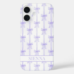 Coques iPhone 16 Nœuds Coquette Violets Monogrammes Rayés