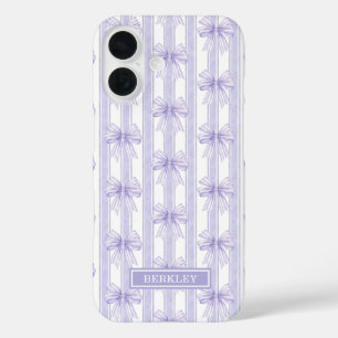 Coques iPhone 16 Nœuds Coquette Violets sur Monogramme à Rayures