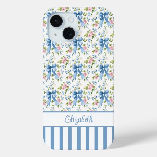 Coques Case-Mate iPhone Nœuds Coquettes Bleus Avec Fleurs Monogrammées (Verso)