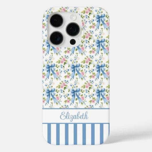 Coques Case-Mate iPhone Nœuds Coquettes Bleus Avec Fleurs Monogrammées  (Verso)