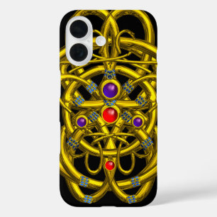 COQUES iPhone 16  NOEUDS EN CELTIQUE D'OR ABSTRAIT AVEC PIERRES À GA