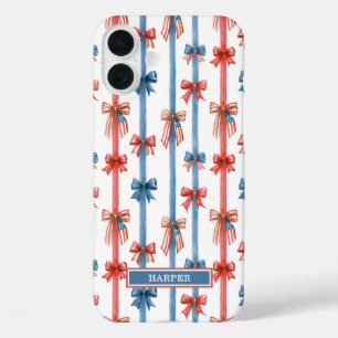Coques iPhone 16 Plus Nœuds et Rayures Monogrammées Patriotiques