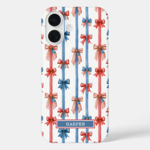 Coques iPhone 16 Nœuds et Rayures Patriotiques Monogrammés