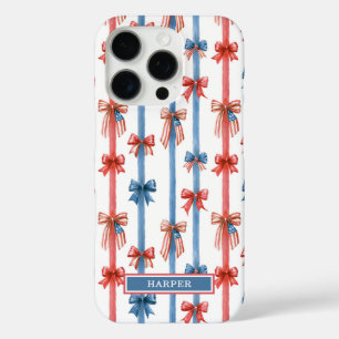 Coques iPhone 16 Pro Nœuds et Rayures Patriotiques Monogrammés
