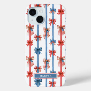Coque Pour iPhone 15 Nœuds et Rayures Patriotiques Monogrammés