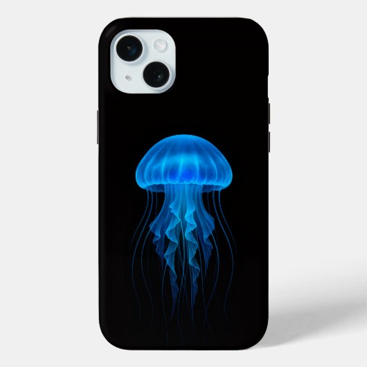 Coques Case-Mate iPhone Noir 4 Luxe iPhone 15 Plus, Méduse Bleu Néon (Verso)