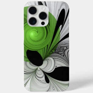Coque iPhone 15 Pro Max Noir Abstrait et blanc avec art fractal vert