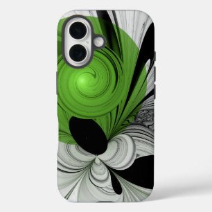 Coques iPhone 16 Noir Abstrait et blanc avec art fractal vert