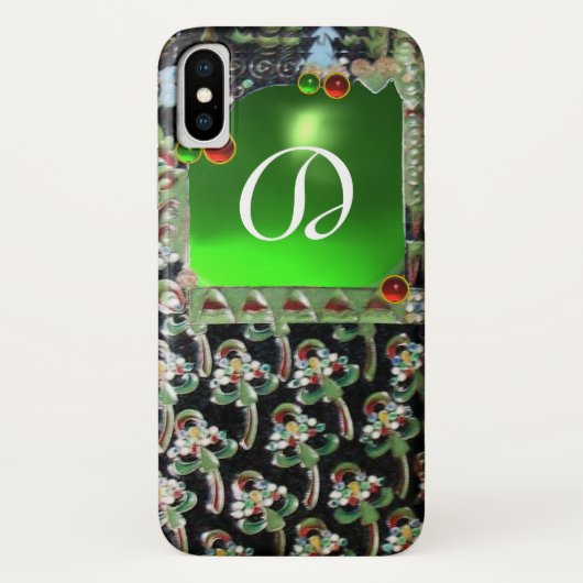 Coques Case-Mate iPhone NOIR ART VERT NOUVEAU MONOGRAM EN PIERRE GEMME Éme (Dos)