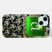 Coques Case-Mate iPhone NOIR ART VERT NOUVEAU MONOGRAM EN PIERRE GEMME Éme (Verso (horizontal))