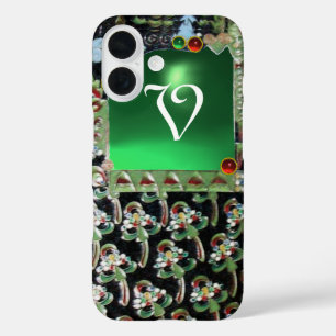 Coques iPhone 16 NOIR ART VERT NOUVEAU MONOGRAM EN PIERRE GEMME Éme