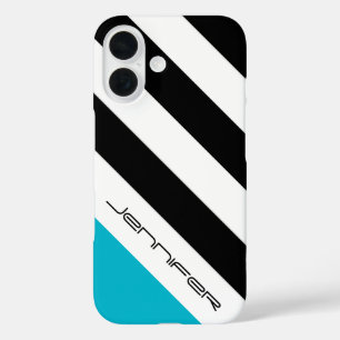 Coques iPhone 16 Noir, Blanc, Bleu, Grille moderne, Nom