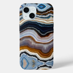 Coque Pour iPhone 15 Noir Blanc Bleu Gris Terracotta Géode Agate