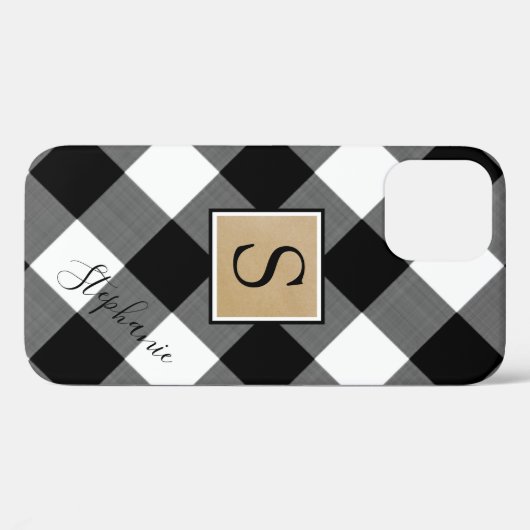 Coques Case-Mate iPhone Noir Blanc Buffalo Plaid Monogramme Nom du script (Verso (horizontal))