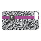 Coques Case-Mate iPhone Noir blanc damassé et bande violette avec initiale (Dos (Horizontal))