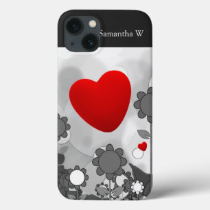 Etui iPhone 13 Noir/blanc mignon/gris fleurit le coeur de rouge