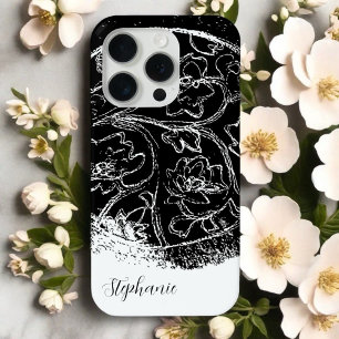 Coque iPhone 15 Pro Noir blanc nom script ligne art floral graphique