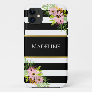 Case-Mate iPhone Case Noir Blanc rayé Floral Or   élégant