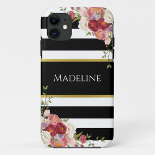 Case-Mate iPhone Case Noir Blanc rayé Floral Or   élégant