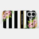 Coques Case-Mate iPhone Noir Blanc rayé Floral Or | élégant (Verso (horizontal))