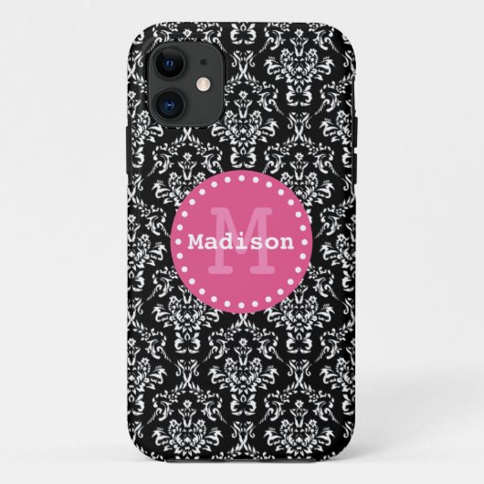 Coques Case-Mate iPhone Noir blanc rose victorien Damask Monogramme (Dos)