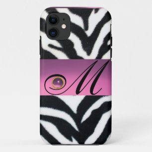 COQUE iPhone 11  NOIR BLANC ZEBRA FUR ROSE LILAC GEM MONOGRAM,