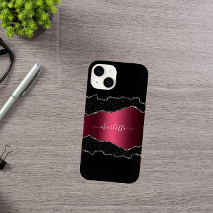 Coque Pour iPhone 14 Noir bordeaux agate marbre nom script