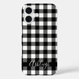 Coques iPhone 16 Noir Buffalo Check Plaid Nom personnalisé