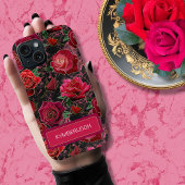 Coques Case-Mate iPhone Noir Chaud Pink Glam Roses Marbre Nom du monogramm