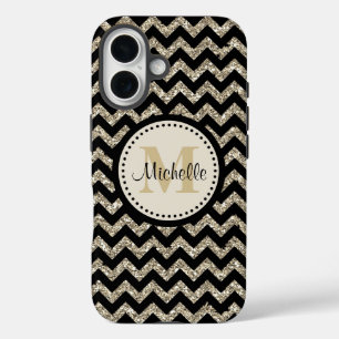 Coques iPhone 16 Noir Chevron Silver Monogramme or